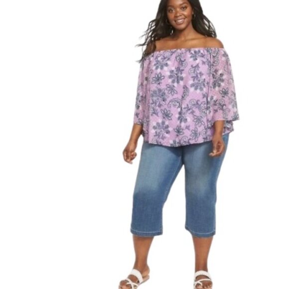 Lane Bryant Off The Shoulder Peasant Blouse Lavender Paisley Floral Plus 26/28 - Picture 2 of 4